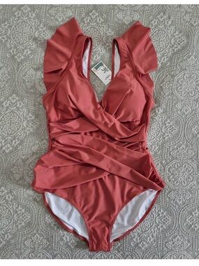 B2PRITY Women Ruffled One Piece Swimsuit V Neck Ruched Terracotta Coral NWT